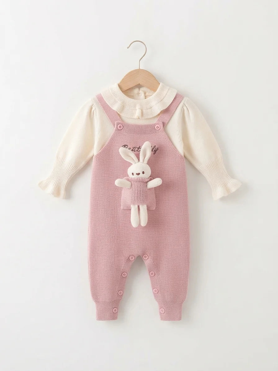 Bunny Pink Woolen Romper with Ruffle Collar