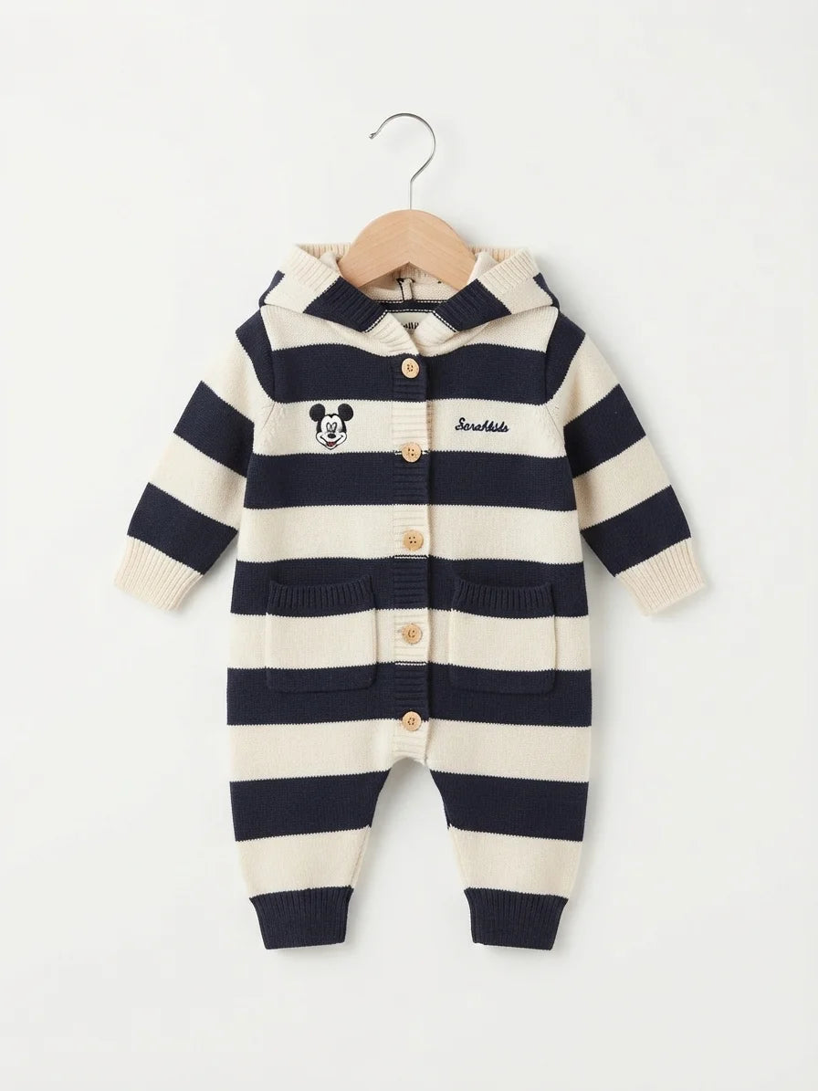 Black Striped Hooded Woolen Romper