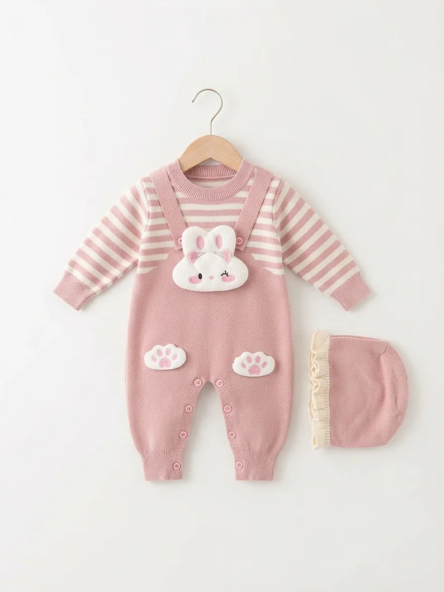 Charming Pink Bunny Woolen Romper & Hat Set
