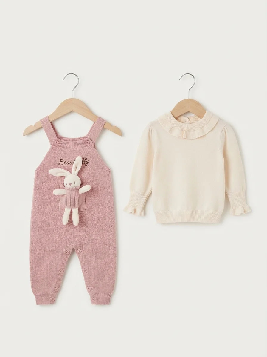 Bunny Pink Woolen Romper with Ruffle Collar