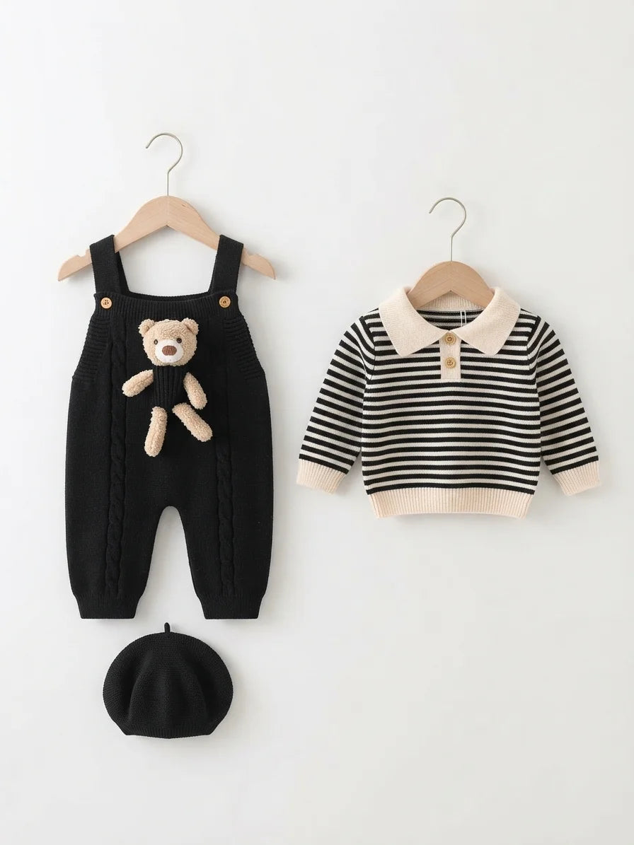 Black Teddy Bear Woolen Romper & Beret Set