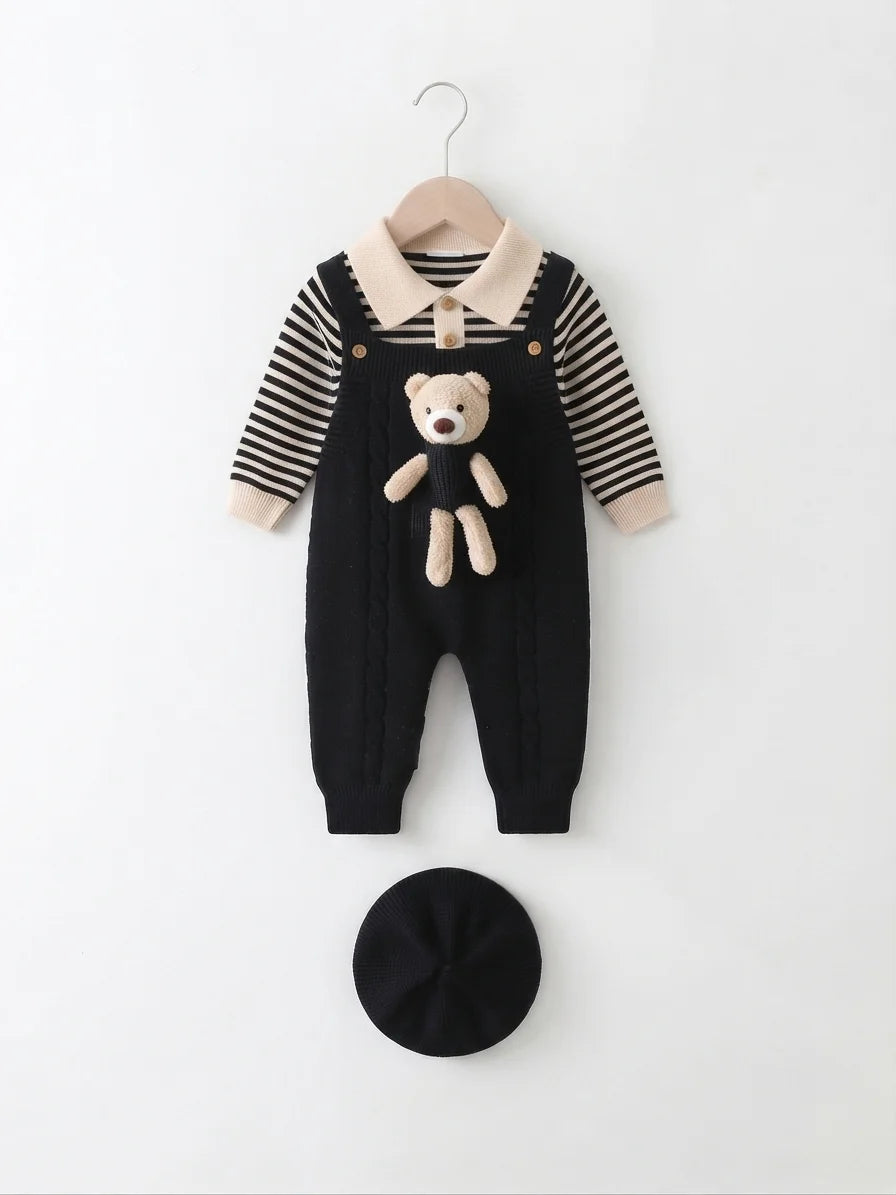 Black Teddy Bear Woolen Romper & Beret Set