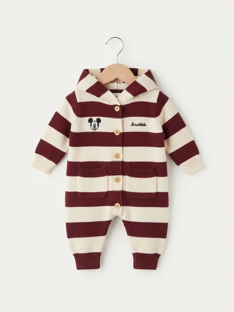 Red Striped Hooded Woolen Romper