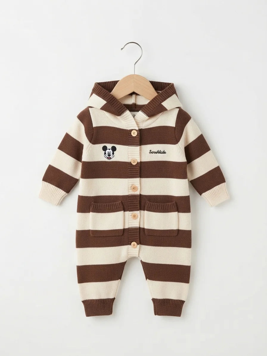 Brown Striped Hooded Woolen Romper