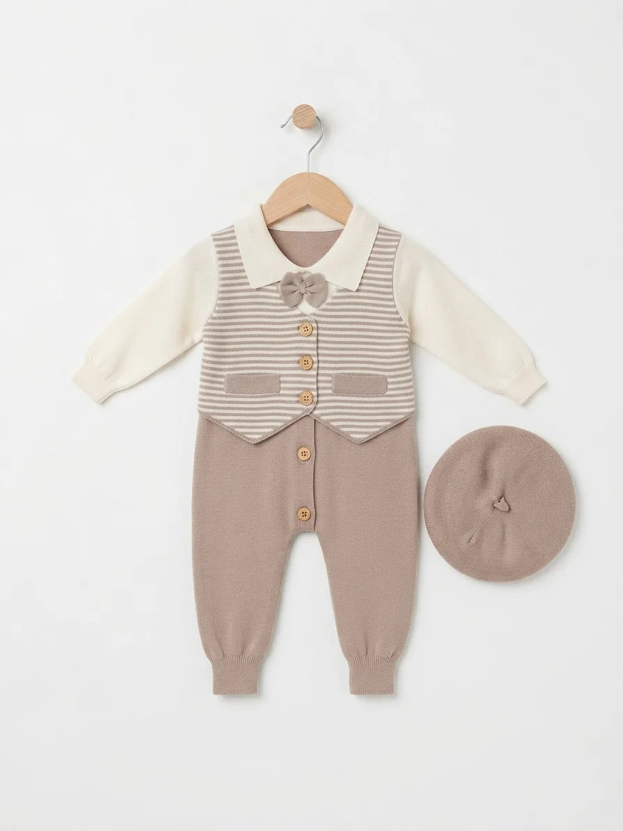 Classic Beige Romper & Beret Set