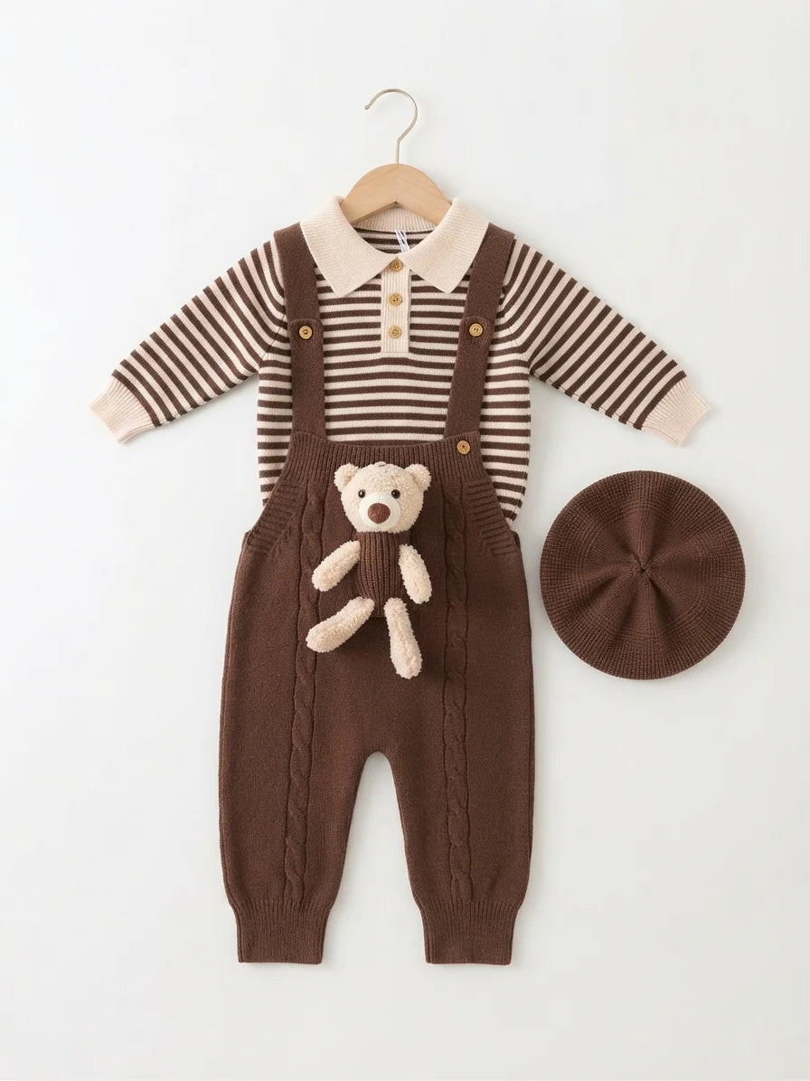 Brown Teddy Bear Woolen Romper & Beret Set