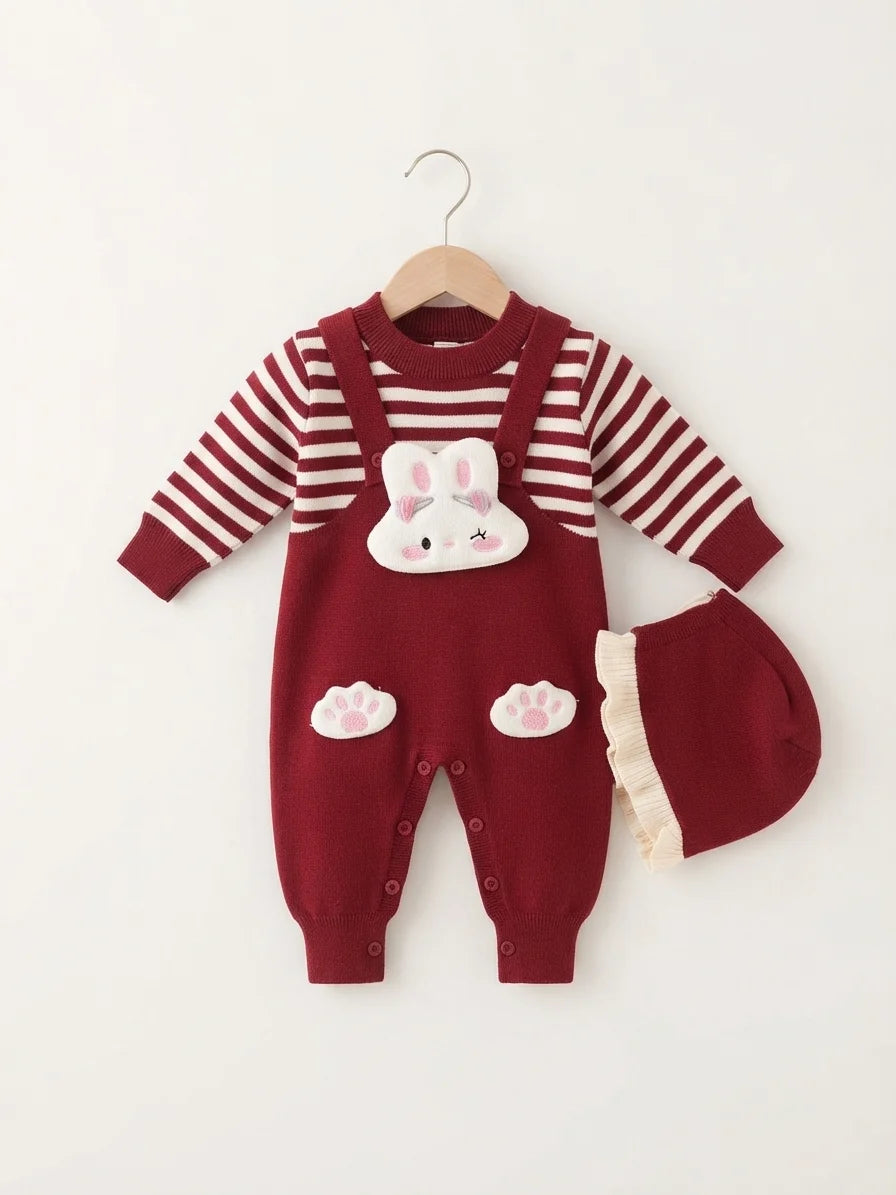 Charming Red Bunny Woolen Romper & Hat Set