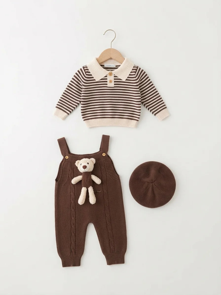 Brown Teddy Bear Woolen Romper & Beret Set